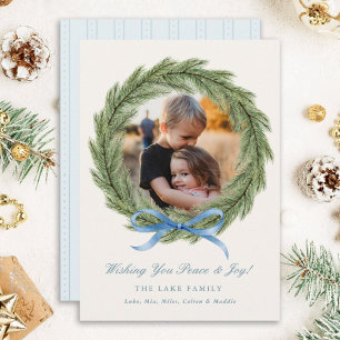 Photo Christmas Cards Watercolor Wreath Blue Bow