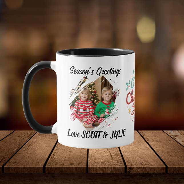Photo Christmas Family Personalise Mug (elegant Keepsake design 2 photos and Christmas in Center.)