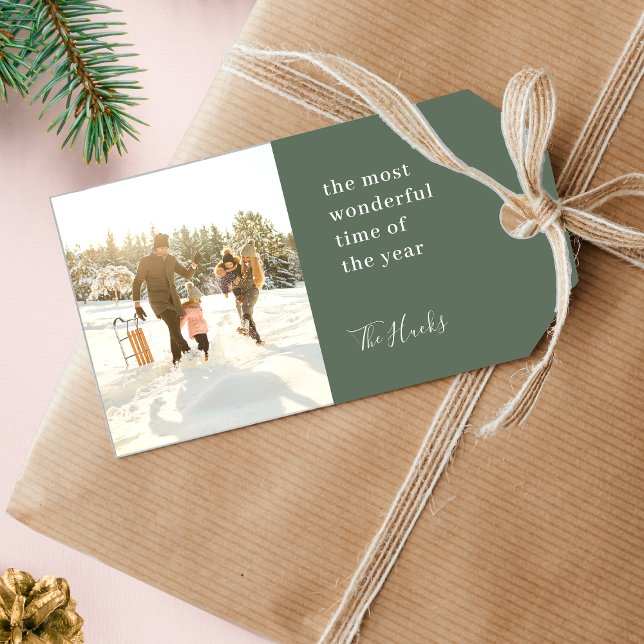 Photo Christmas Gift Tag with Family Name (Custom Scandi-style Christmas tag for modern festive gift wrapping)
