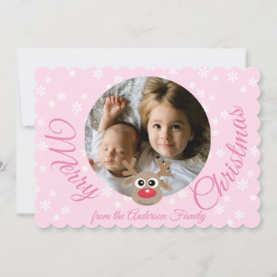 Photo Christmas Girly Pink Cute Reindeer Script Holiday Card