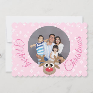 Photo Christmas Girly Pink Cute Reindeer Script Holiday Card