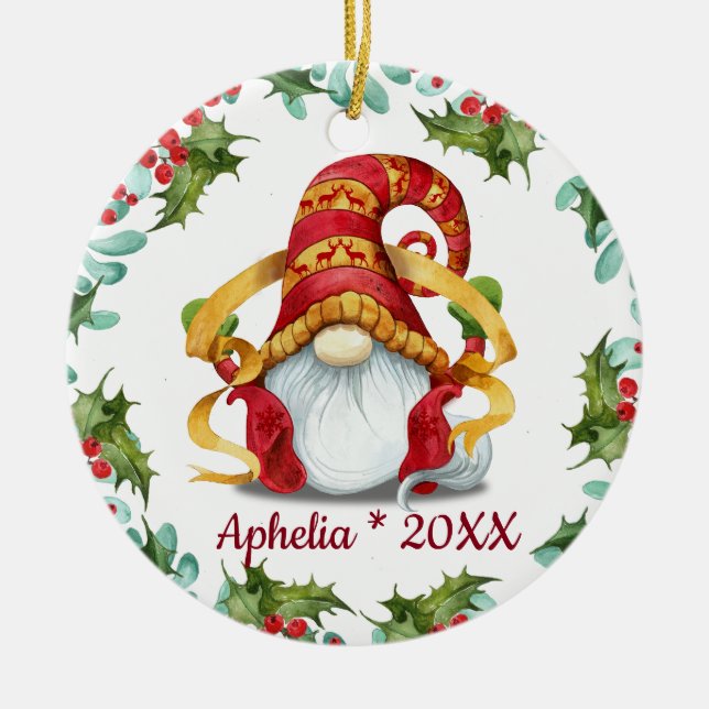 PHOTO Christmas Gnomes Holly Berry Wreath Holiday Ceramic Ornament (Front)