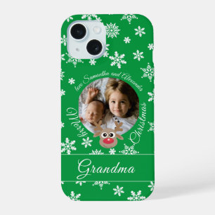Photo Christmas Green Cute Reindeer White Script iPhone 15 Case