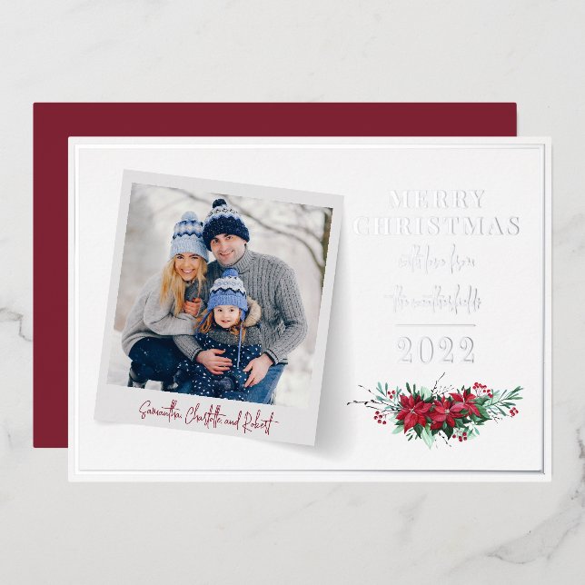 Photo Christmas Holidays Script Botanical Silver Foil Holiday Card (Front/Back)