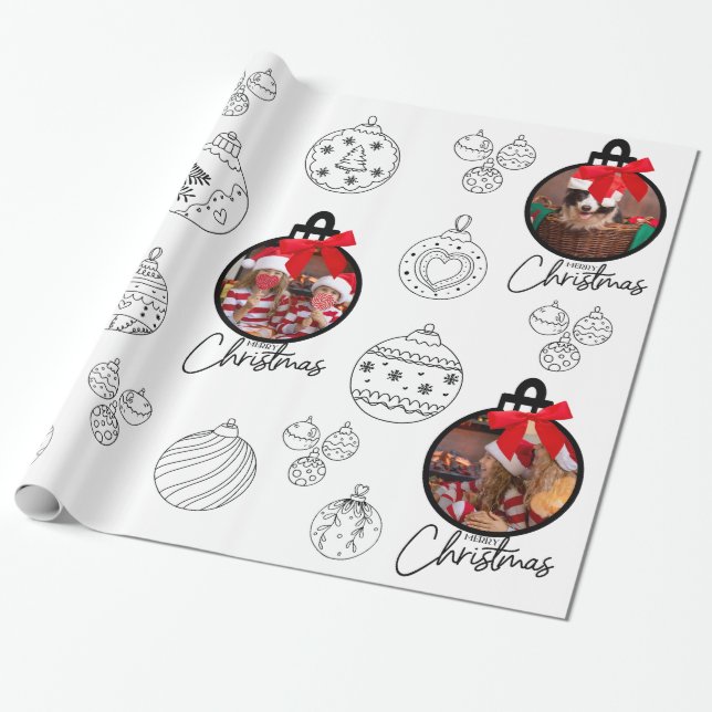 Photo Christmas Ornament Black and White Wrapping Paper (Unrolled)
