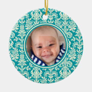 Photo Christmas Ornament-Blue & White Damasks Ceramic Ornament