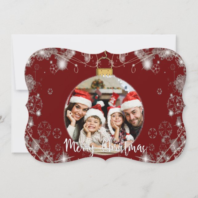 Photo Christmas Ornament With Snowy Swirls Fancy Holiday Card (Front)