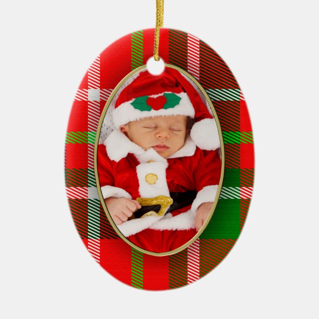 Photo - Christmas Oval Red Tartan Picture Frame Ceramic Ornament (Front)