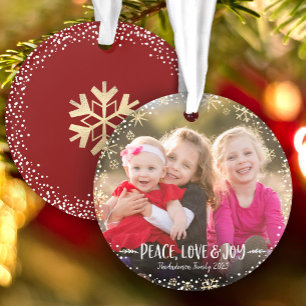 Photo Christmas Peace Love Joy Gold Snowflake Chic Ornament