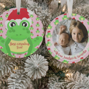 Photo Christmas Pink Frog Santa Hat Pattern Cute Ornament