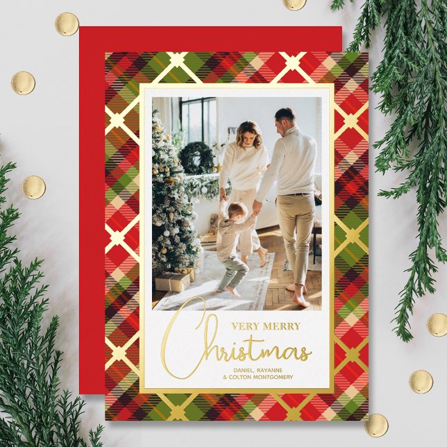 Photo Christmas Plaid Gold Foil Holiday Card (Creator Uploaded)