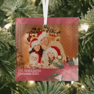 Photo Christmas Poinsettia Glass Tree Decoration