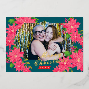 Photo Christmas Poinsettia Green Teal Foil Holiday Card