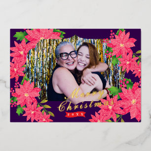 Photo Christmas Poinsettia Grey Foil Holiday Card