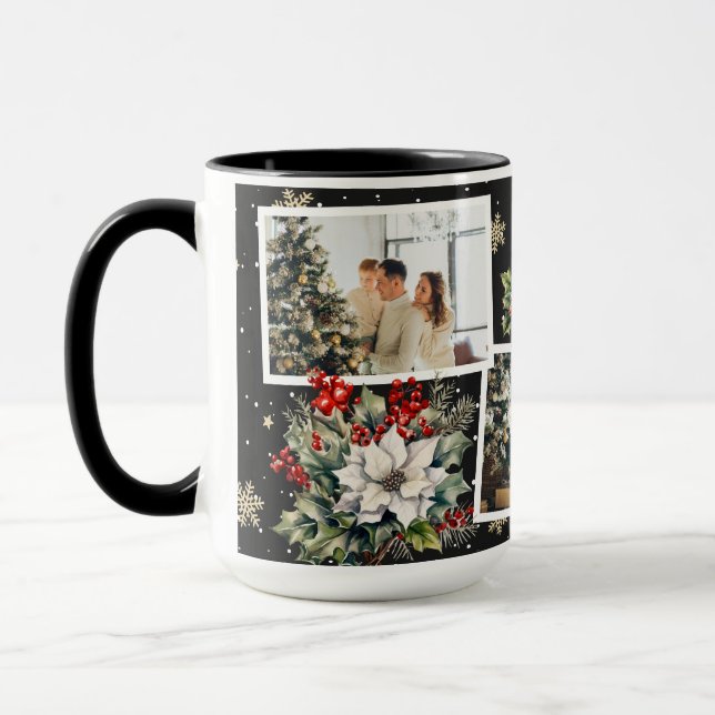Photo Christmas Poinsettia Holly Berries Black Mug (Left)