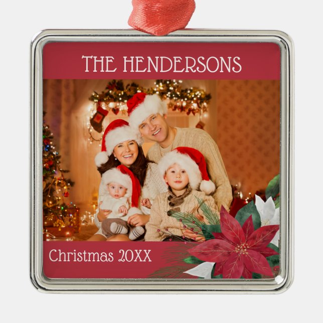 Photo Christmas Poinsettia Metal Ornament (Front)