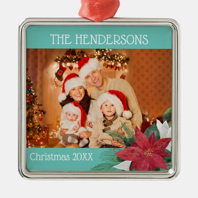 Photo Christmas Poinsettia Metal Ornament (Front)