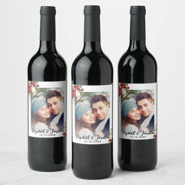 Photo Christmas Poinsettia Script Custom Wedding Wine Label (Bottles)