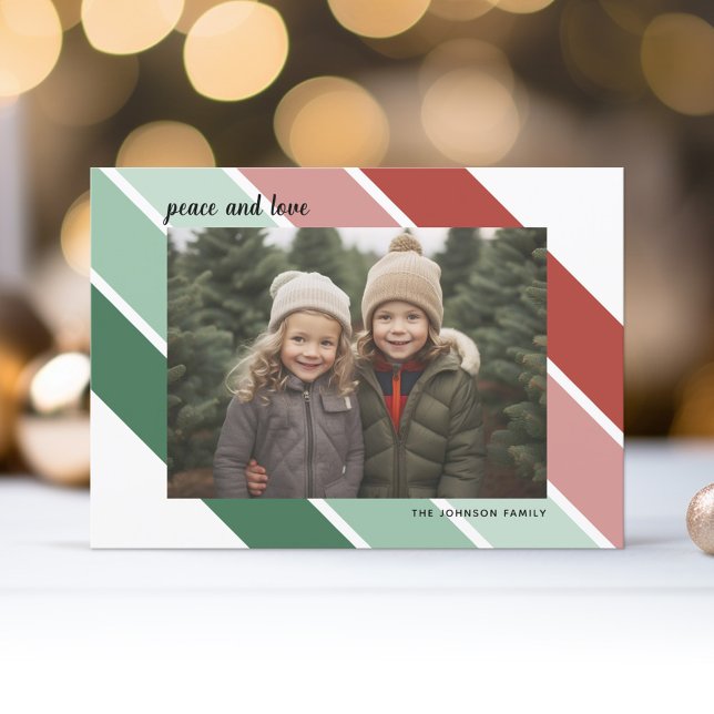 Photo Christmas Script Retro Red Green Stripes Holiday Card (Retro Stripe Christmas Photo card with Type Overlay - Print and Download Options Available)