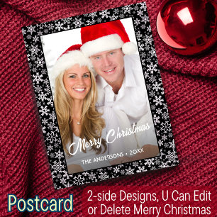 Photo Christmas Snowflakes Elegant Script Modern Holiday Postcard