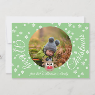 Photo Christmas Teal White Script Cute Reindeer Holiday Card
