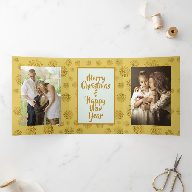 Photo Christmas Tri-fold Card Gold Snowflakes (Inside)