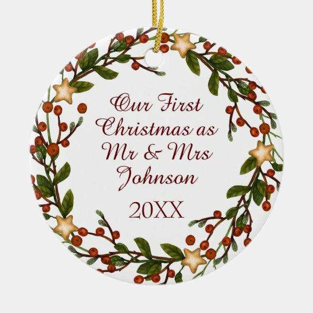Photo Christmas Wreath First Christmas Mr Mrs Cera Ceramic Ornament (Front)