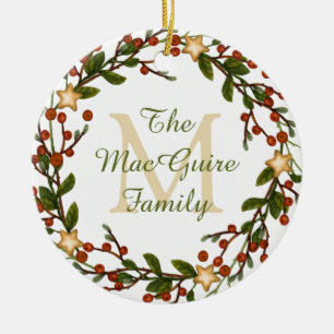 Photo Christmas Wreath Monogram Initial Ceramic Ornament