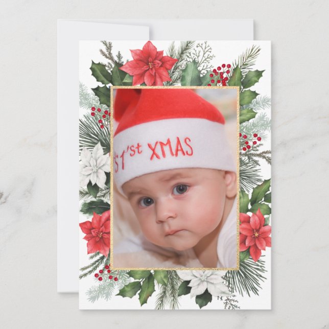 Photo Christmas Xmas Floral Flat Holiday Card (Front)