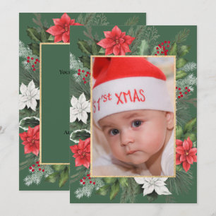 Photo Christmas Xmas Floral Green Flat Holiday Card
