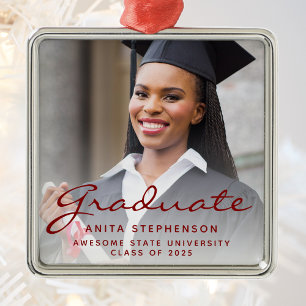Photo Class of 2025 Graduation Burgundy Script Metal Ornament