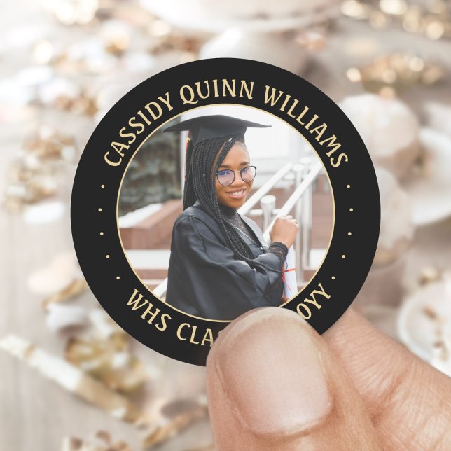 Photo Class Year Black and Gold Modern Graduation Classic Round Sticker (Creator Uploaded)