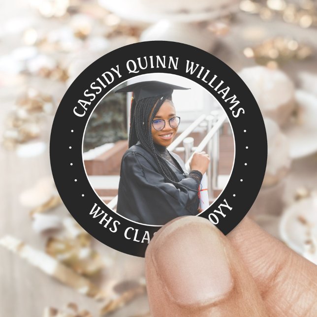 Photo Class Year Black and White Modern Graduation Classic Round Sticker (Creator Uploaded)