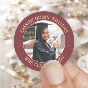 Photo Class Year Burgundy Red and Gold Graduation Classic Round Sticker