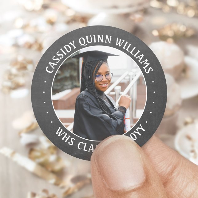 Photo Class Year Chalkboard Black White Graduation Classic Round Sticker (Creator Uploaded)