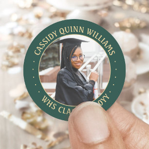 Photo Class Year Green and Gold Modern Graduation Classic Round Sticker