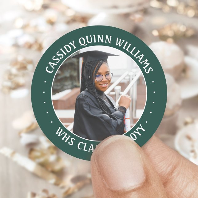 Photo Class Year Green and White Modern Graduation Classic Round Sticker (Creator Uploaded)