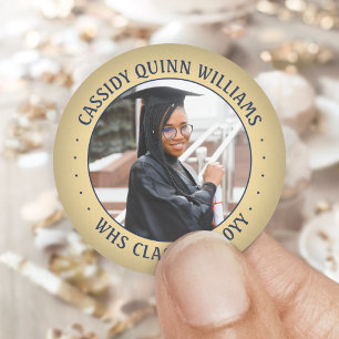Photo Class Year Navy Blue Gold Modern Graduation Classic Round Sticker