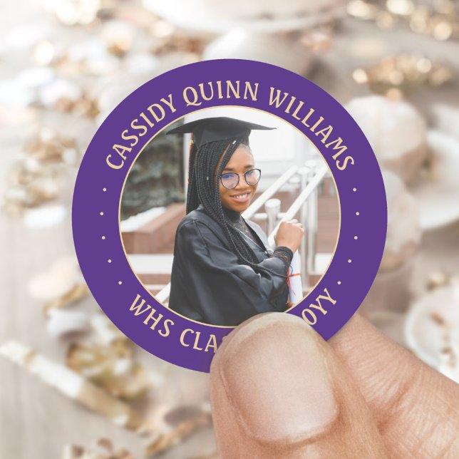 Photo Class Year Purple and Gold Modern Graduation Classic Round Sticker (Creator Uploaded)