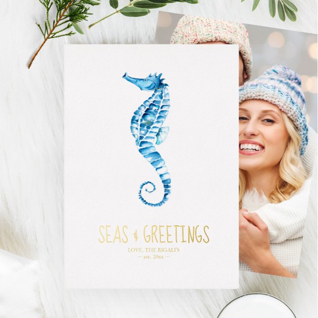 Photo Coastal Christmas Cards (Coastal holiday cards unique blue watercolor seahorse art by Victoria Grigaliunas of Do Tell A Belle)