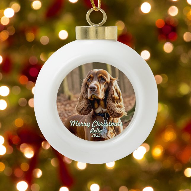 Photo Cocker Spaniel KEEPSAKE Personalise Ceramic Ball Christmas Ornament (Front View)