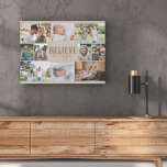 Photo Collage 10 Picture Happy Quote Neutral Beige Faux Canvas Print<br><div class="desc">Photo Collage faux canvas with 10 of your favourite photos. The wording in the centre reads "believe be happy" and is lettered in bold typography and casual, skinny font script. The photo template is set up for you to add 10 pictures, which are displayed in landscape, square and portrait pictures...</div>