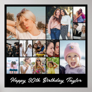 Photo Collage 12 Picture Grid Custom Square Black Poster