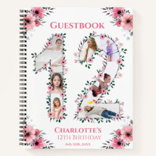 Photo Collage 12th Birthday Girl Pink Flower White Notebook