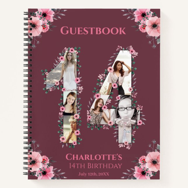 Photo Collage 14th Birthday Pink Flower Guest Book (Front)