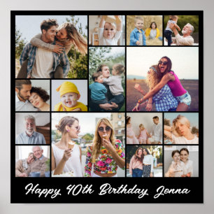 Photo Collage 15 Picture Grid Custom Square Black Poster