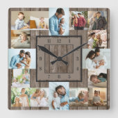 Photo Collage 16 Picture Brown Wood Numbered Square Wall Clock (Front)