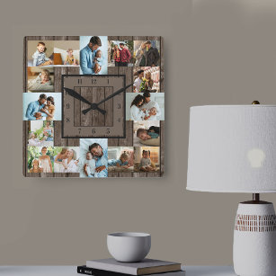 Photo Collage 16 Picture Brown Wood Numbered Square Wall Clock