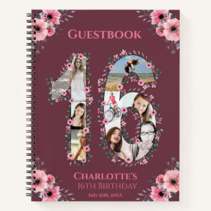 Photo Collage 16th Birthday Pink Flower Guest Book