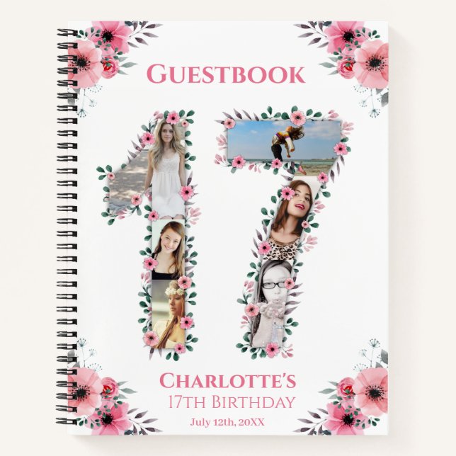 Photo Collage 17th Birthday Pink Flower Guest Book (Front)
